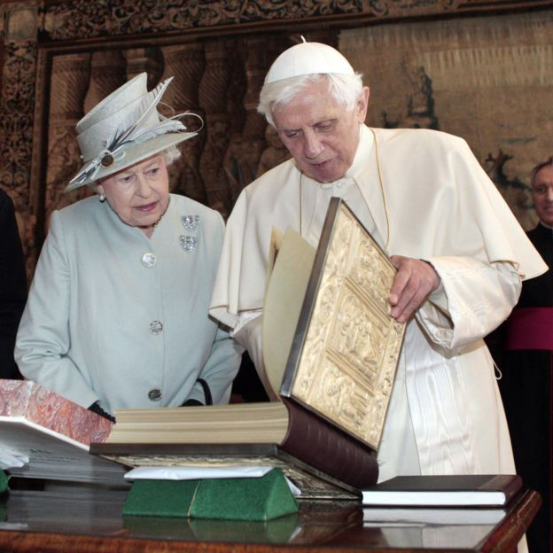 Queen Elizabeth II talking with Pope Benedict XVI during an audience in the Morning Drawing Room at the Palace of Holyroodhouse in Edinburgh during a four-day visit by the Pope to the UK.